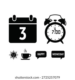 A black and white silhouette image featuring a calendar, alarm clock, sunny day, coffee, and happy Wednesday emotions