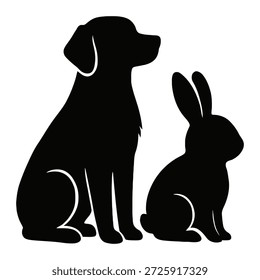 A black and white silhouette image featuring a puppy and a rabbit sitting side by side. The puppy is looking upwards with a curious expression, while the rabbit is sitting calmly beside it. The image captures a moment of friendship and curiosity between the two animals.