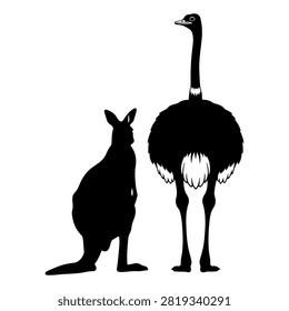 Black and white silhouette image featuring a kangaroo and an ostrich standing next to each other, highlighting their distinct shapes and sizes.