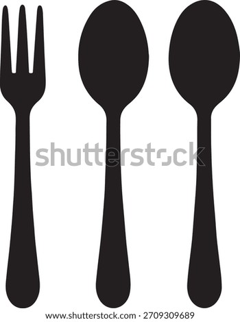 A black and white silhouette image featuring a standard three-tined fork positioned on the left and two spoons of slightly different shapes side-by-side on the right