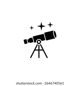 Black and white silhouette image shows a telescope on a tripod, three stars above it suggesting space exploration, science, astronomy, or celestial observation.
