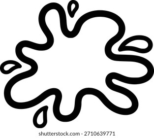 Silhueta em preto-e-branco de uma forma irregular Splatter com bordas curvas e extensões Droplet representando derramamento de líquido, bagunça, criatividade, movimento fluido e expressão gráfica divertida

