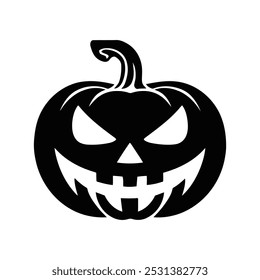 A black and white silhouette of a jack-o'-lantern with a carved, menacing face.