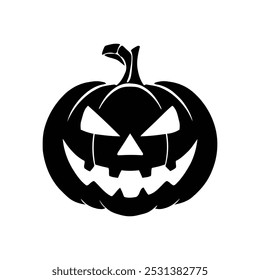 A black and white silhouette of a jack-o'-lantern with a carved, menacing face.