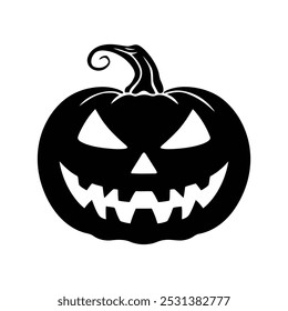 A black and white silhouette of a jack-o'-lantern with a carved, menacing face.