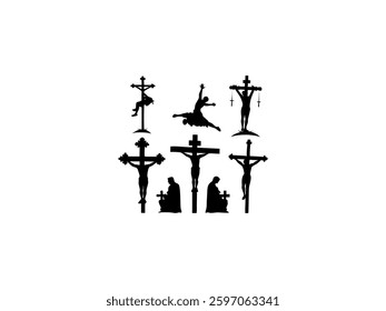 A black and white silhouette of Jesus on the cross, with several figures depicted above it. Multiple crucifixion depictions of Jesus.