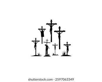 A black and white silhouette of Jesus on the cross, with several figures depicted above it. Multiple crucifixion depictions of Jesus.