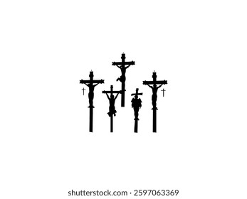 A black and white silhouette of Jesus on the cross, with several figures depicted above it. Multiple crucifixion depictions of Jesus.