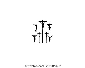 A black and white silhouette of Jesus on the cross, with several figures depicted above it. Multiple crucifixion depictions of Jesus.