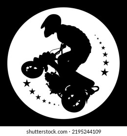 black and white silhouette jump racer vector illustration riding a mini motorbike with many stars decoration