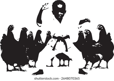 A black and white silhouette of a karate man surrounded by chickens in a vector illustration style image