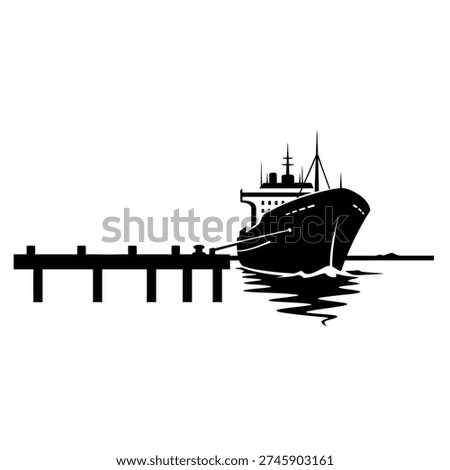 Black and white silhouette of a large cargo ship moored to a wooden pier, reflecting on the water's surface.