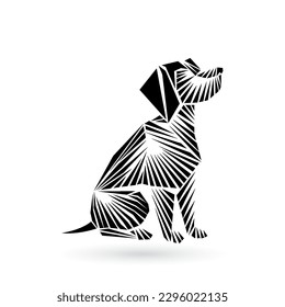 A black and white silhouette of a large dog in the style of geometric aesthetics, with sharp lines and edges, and iconographic symbolism