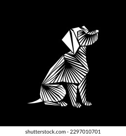 A black and white silhouette of a large dog in the style of geometric aesthetics, with sharp lines and edges, and iconographic symbolism. Illustration o black background