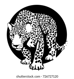 black and white silhouette of a leopard in a black circle