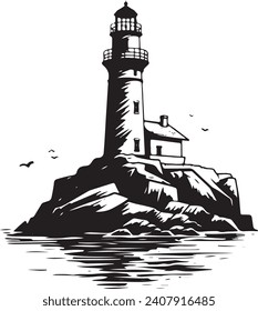 Black and white silhouette of a lighthouse