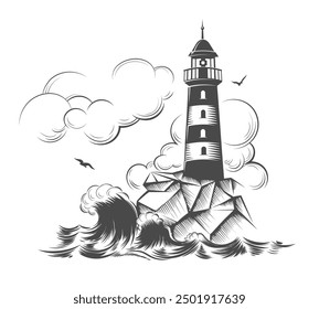 Black and white silhouette of lighthouse. Beacon label, pharos engraving illustration isolated vector illustration