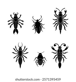 Black and White Silhouette of Lobster, Insectoid Creatures, and Bug-Inspired Vector Art.