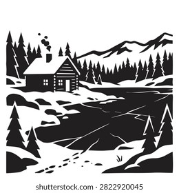 Black and white silhouette of a log cabin by a frozen lake in winter with winter landscape scenery mountain landscape frozen water mountains silhouette nighttime outdoors secluded