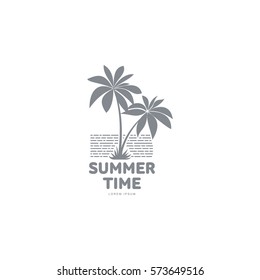 Black white, silhouette logo template with two palm trees and stylized sky, vector illustration isolated on white background. Black white summer time logotype, logo template with tropical palms
