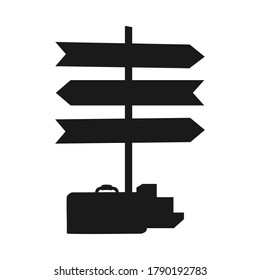 Black and white silhouette of luggage pile next to wooden pointer. Travel themed vector illustration for icon, logo, label, emblem, postcard or invitation decor