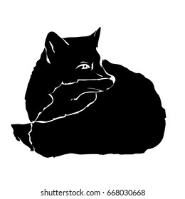 Black and white silhouette of lying fox