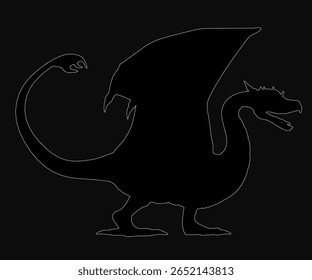 A black and white silhouette of a majestic dragon with spread wings and sharp claws stands boldly on a dark background. Its scales are outlined in white, and its glowing yellow eyes add intensity.