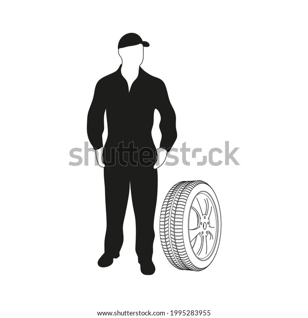 Black and white\
silhouette of a male character in overalls standing next to a wheel\
on a white background