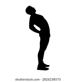 A black and white silhouette of a man bending forward, emphasizing posture and body language in a minimalistic style.