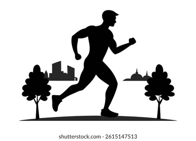 A black and white silhouette of a man jogging outdoors on a sunny day. With a focused expression and natural movement, set against a park or urban backdrop with trees and a clear sky.
