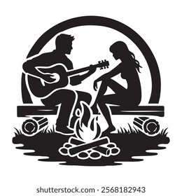 Black and white silhouette of a man playing guitar by a campfire and silhouette of woman sits and listens.  Isolated romantic love pair silhouettes on white background.