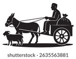 Black and white silhouette of man riding donkey cart with goat illustration for design and decoration