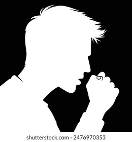 Black and white silhouette of a man with spiky hair coughing into his hand.