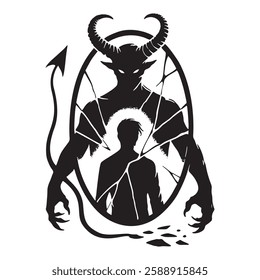 Black and white silhouette of a man standing in front of a broken mirror and  a large demon figure with horns, a tail and glowing eyes. Isolated design on white background.