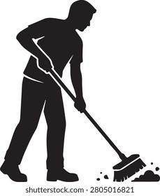 Black and white silhouette of a man standing and sweeping the floor with a broom on a plain white background
