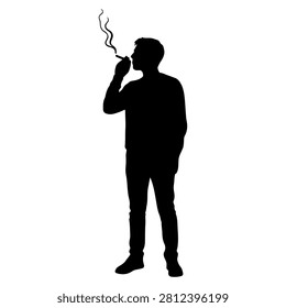 A black and white silhouette of a man standing and smoking a cigarette, capturing a contemplative and relaxed pose with smoke rising from the cigarette.