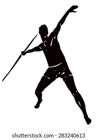 black and white silhouette man throwing the javelin, white background , grunge illustration