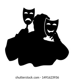 Black and white silhouette of a man trying on a funny and sad theatrical mask. The concept of duplicity, hypocrisy and hiding behind masks in modern society, vector clipart