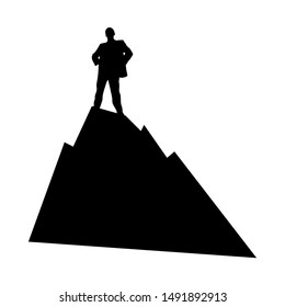 Black and white silhouette of a man who stands in a confident pose of the winner  on top of a mountain. The concept of success in work and business, vector clipart