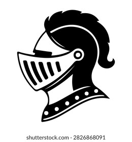 Black and white silhouette of a medieval knight wearing a helmet with a crest, showcasing armor and a protective visor, symbolizing chivalry and history.