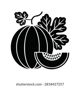 Black and white silhouette of a melon or watermelon with large vine leaves and a cut slice with seeds. Vector illustration.