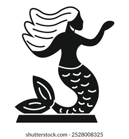 Black and white silhouette of a mermaid statue posing with long flowing hair