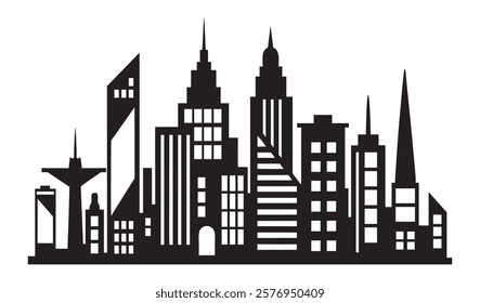 Black and white silhouette of a modern city skyline featuring various skyscrapers and architectural designs, representing urban development and city life