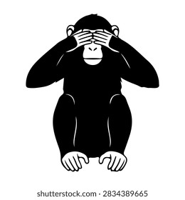 Black and white silhouette of a monkey with hands over eyes, emphasizing curiosity and playful behavior in a minimalistic style.
