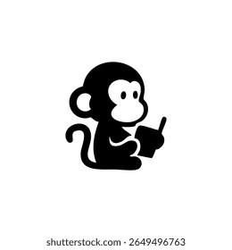 Black and white silhouette of a monkey holding a small object