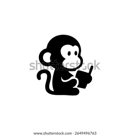 Black and white silhouette of a monkey holding a small object