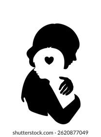 A black and white silhouette of a mother embracing her son with love.