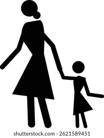 Black and white silhouette of a mother holding her child’s hand. Ideal for Mother’s Day, parenting, emotional bonding, care, and family love-themed vector illustrations. Mother and Child Holding Hands