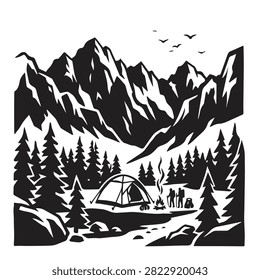 Black and white silhouette of a mountain camping scene with tent and campfire snowy peaks camping illustration outdoor illustration adventure mountains mountainside silhouette