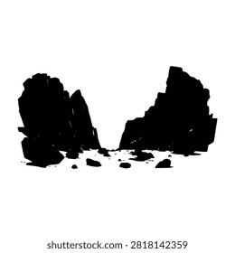 Black and white silhouette of a mountain landscape featuring large boulders and scattered pebbles in the foreground.